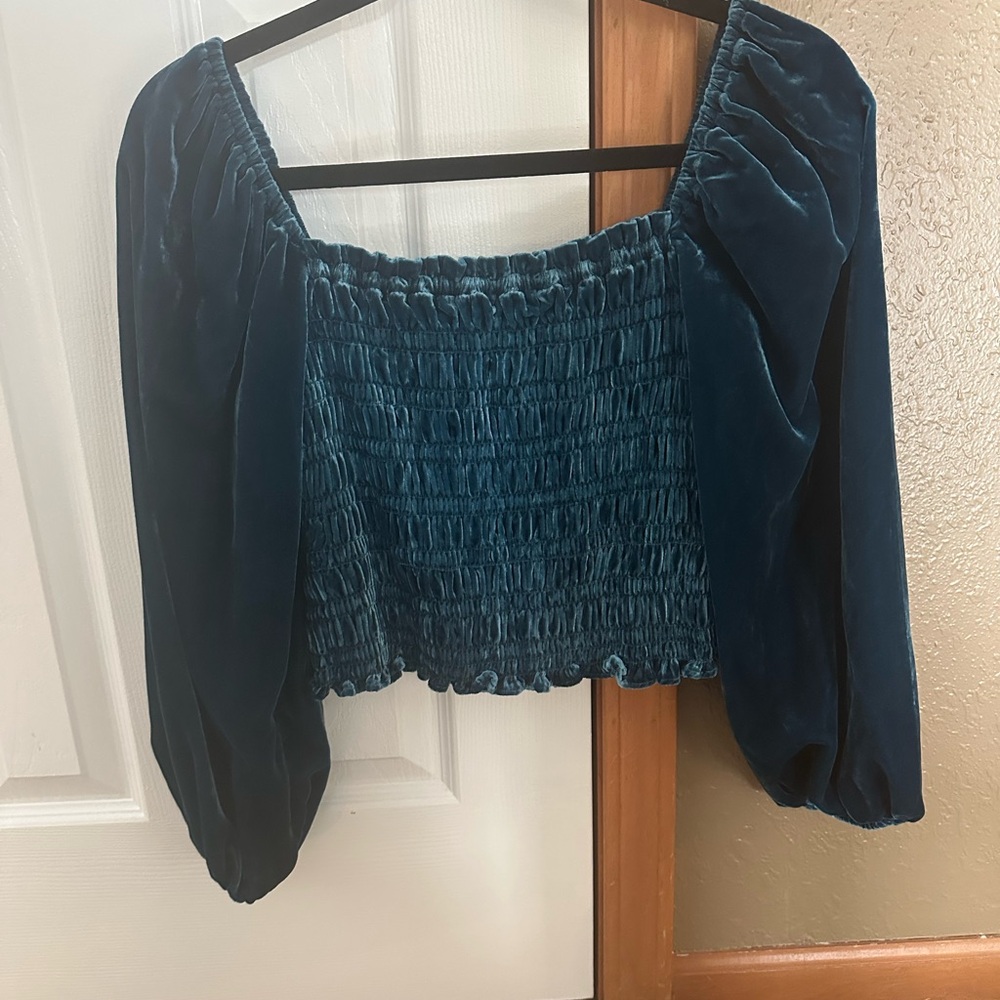 Anthropologie Deep Blue Velvet Smocked Blouse